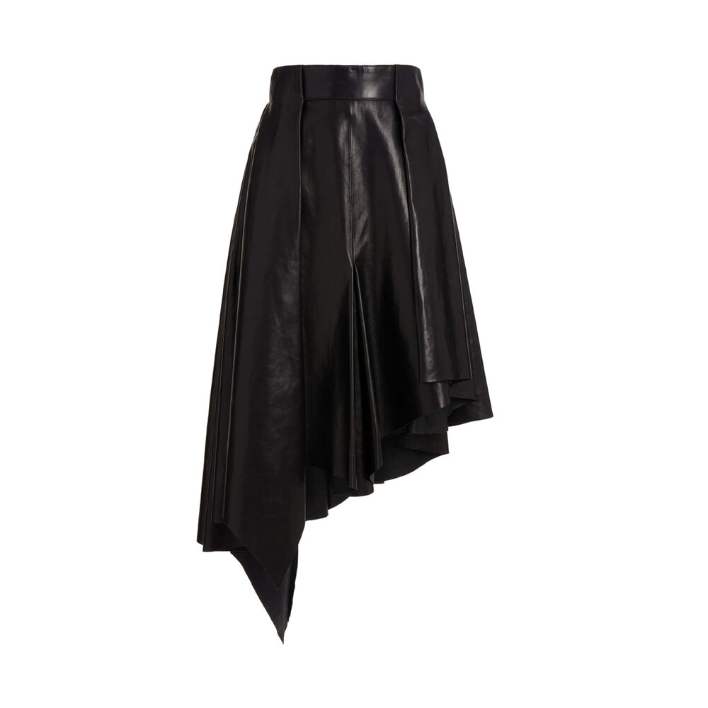Balmain - Noir Leather Asymmetrical Pleated Midi Skirt