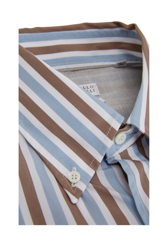 Brunello Cucinelli - Blue & Brown Stripe Basic Fit Sport Shirt