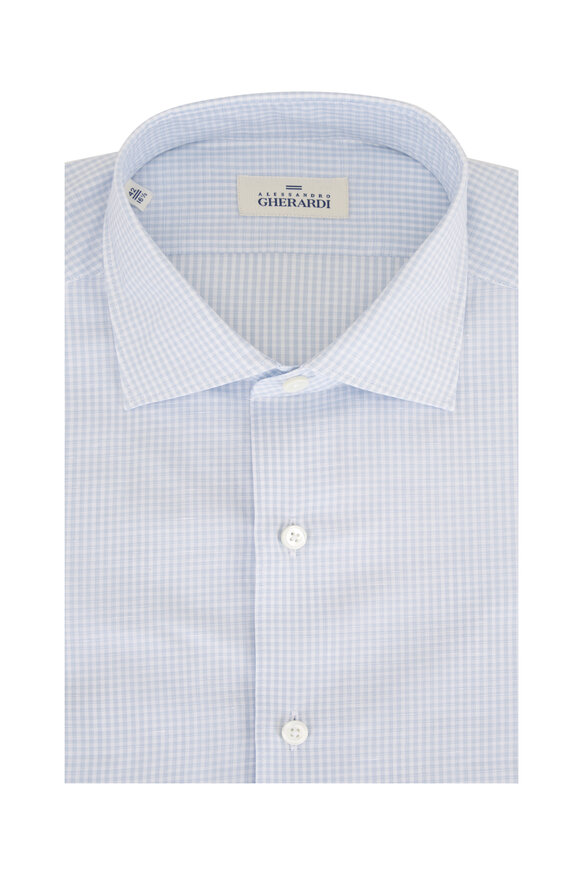 Alessandro Gherardi Blue Micro Check Cotton & Linen Dress Shirt