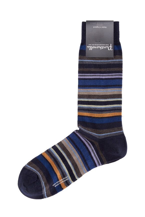Pantherella  Navy Blue Multi-Striped Wool Blend Socks