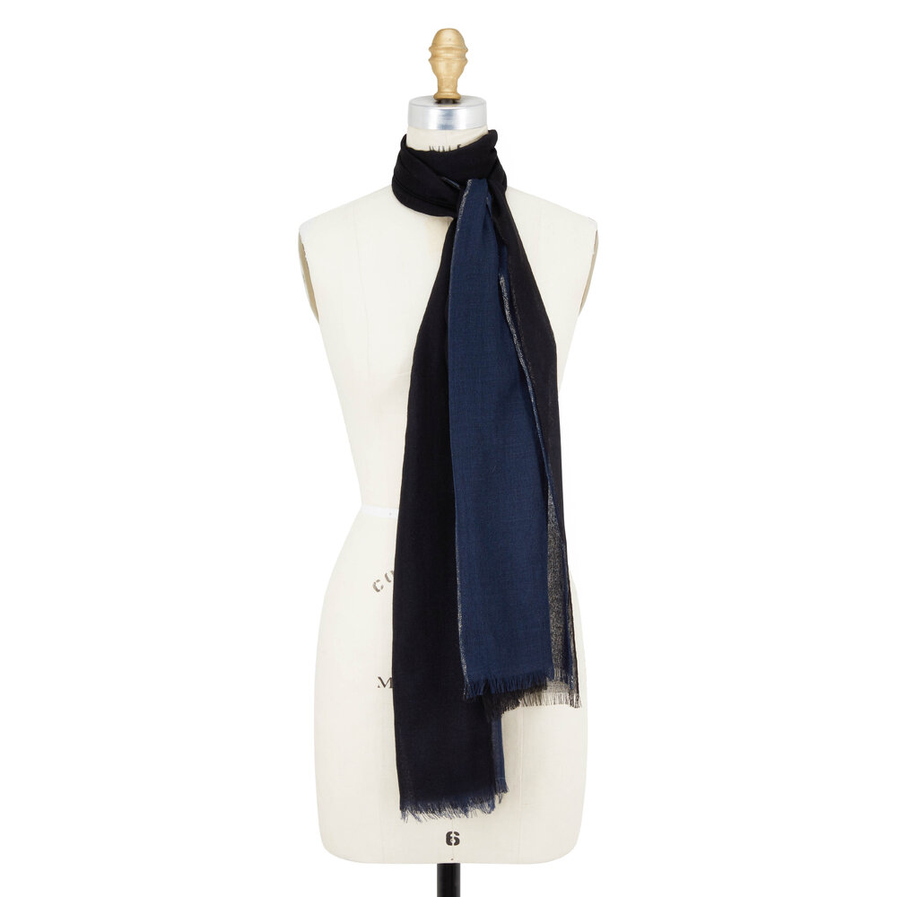 Loro Piana Black Blue Cashmere Silk Lurex Stripe Scarf