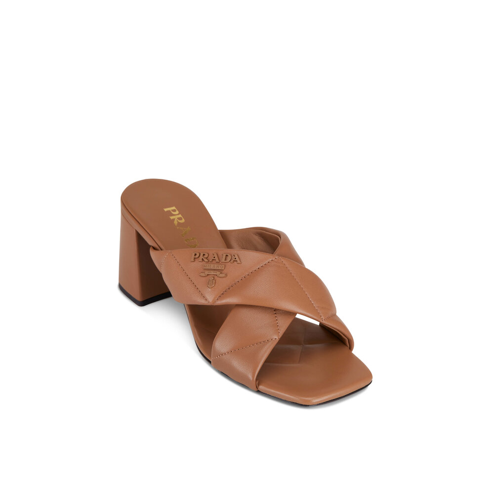 サンダル・ミュール Prada Brown Leather Sandals Prada - Caramel Criss Cross Leather Sandal, 65mm