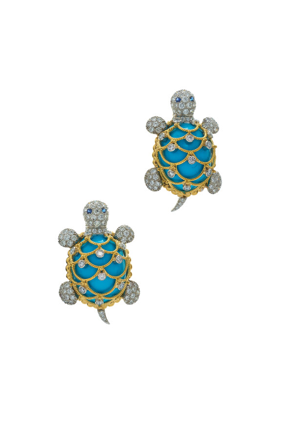 David Webb - 18K Gold Diamond & Turquoise Turtle Stud Earrings