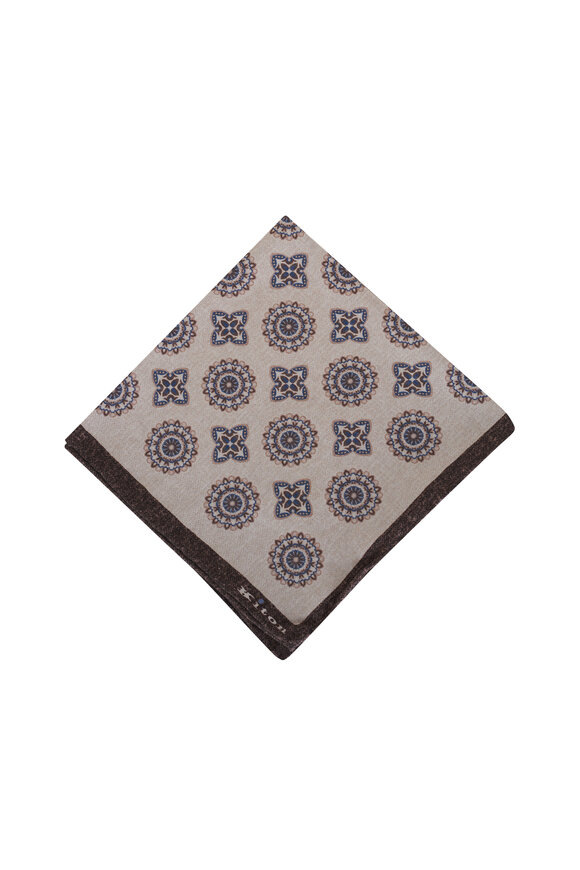 Kiton Light Gray & Sand Medallion Silk Pocket Square 