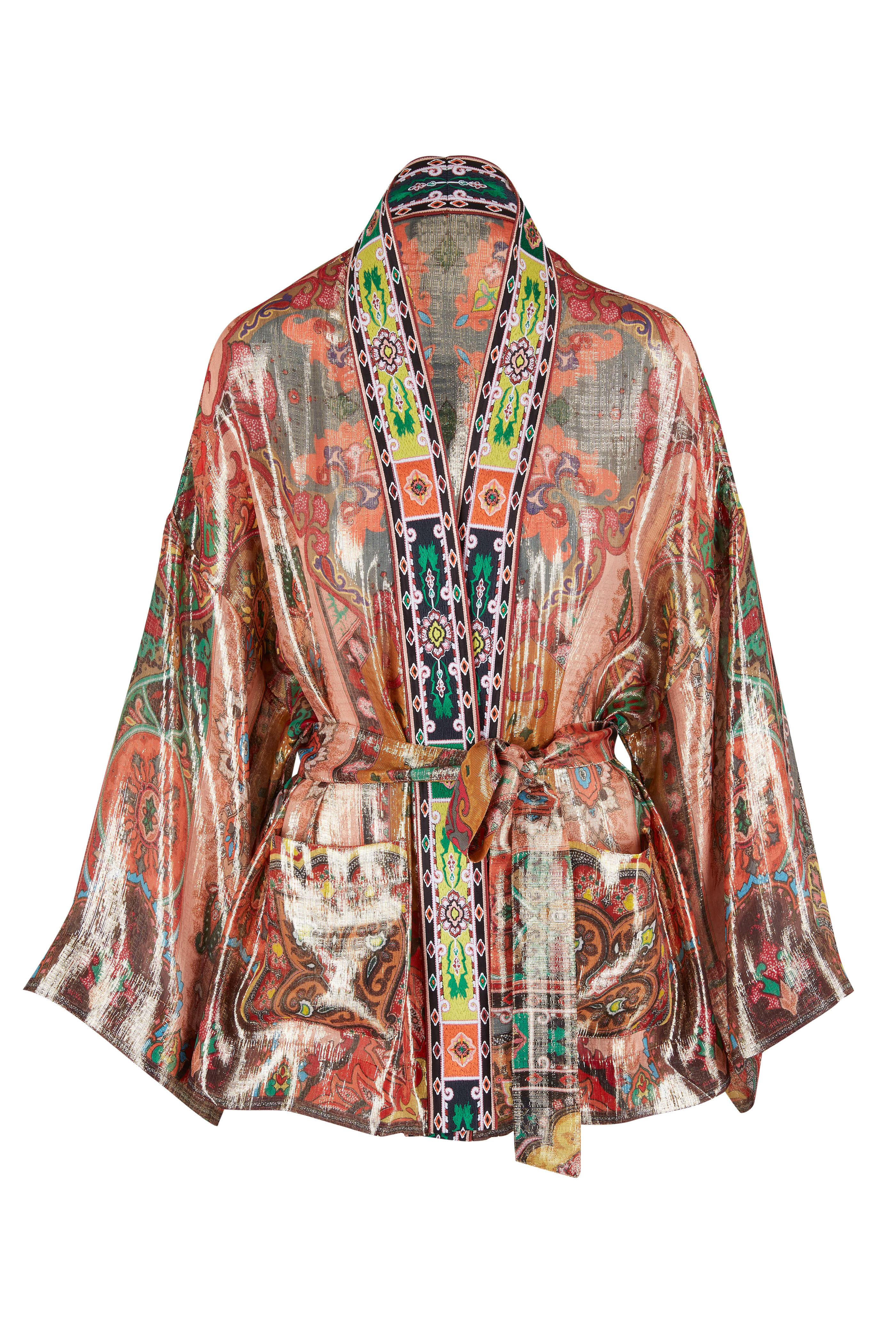 Etro - Brick Road Printed Metallic Silk Belted Poncho