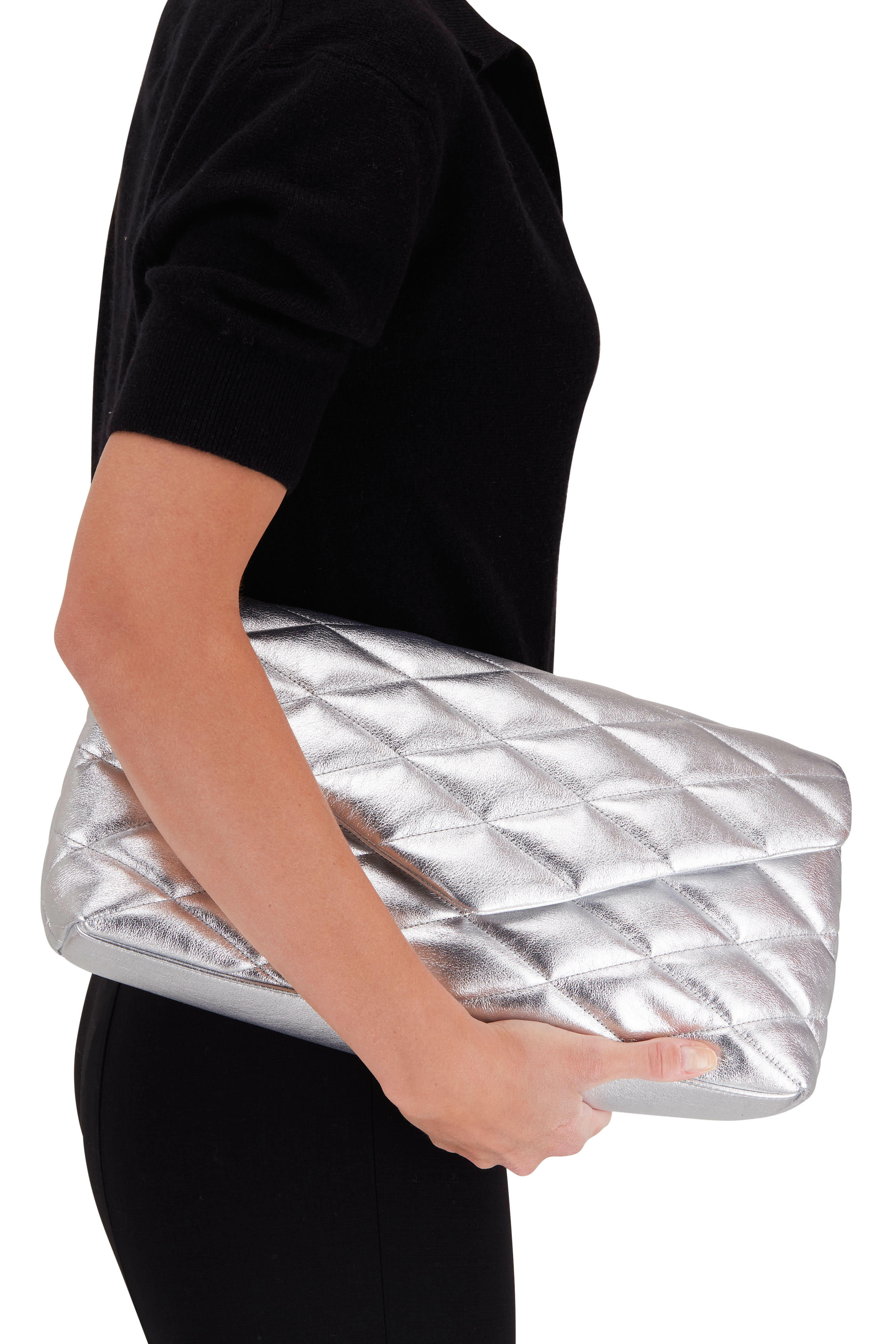 Saint Laurent - Sade Silver Quilted Leather Puffer Clutch