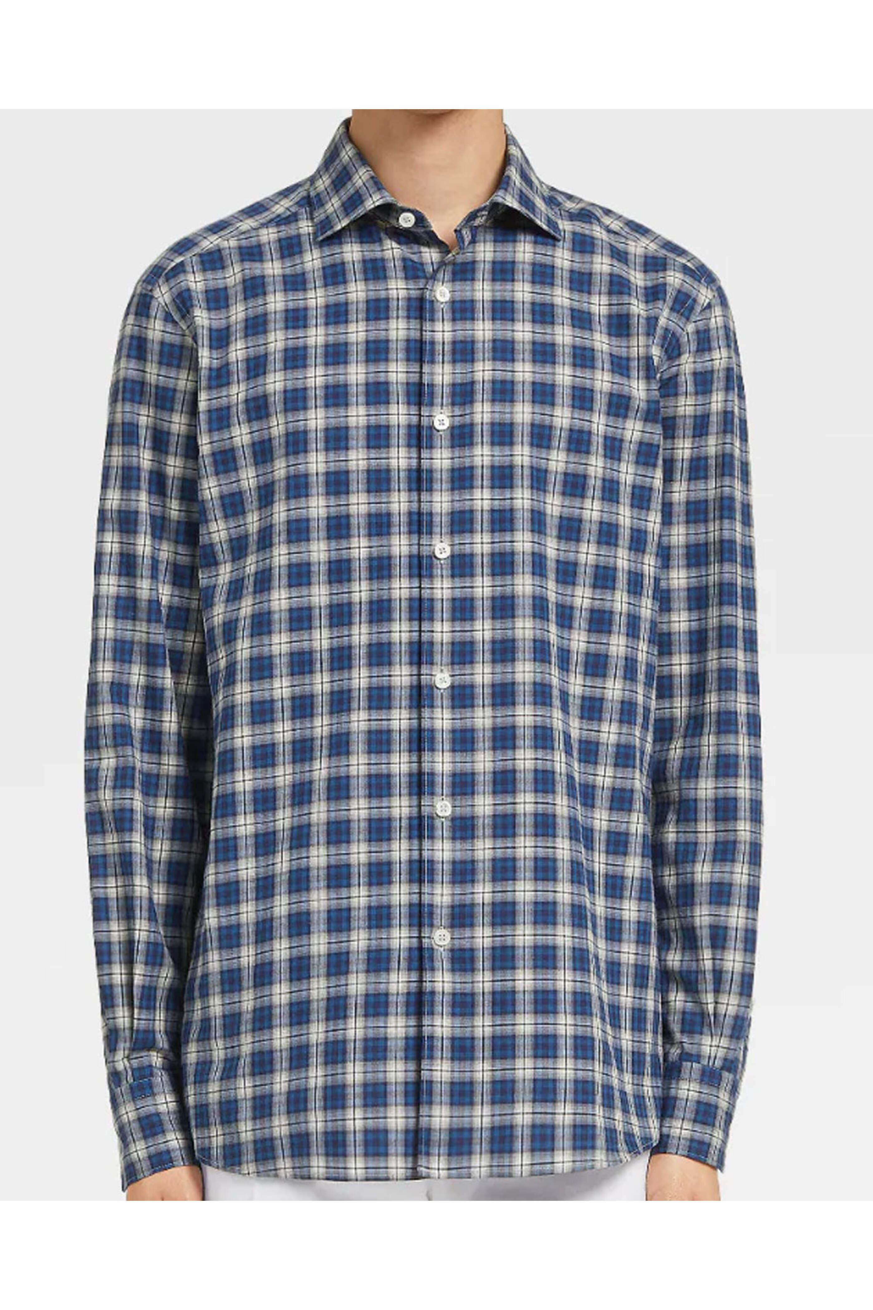 Zegna - Blue and White Plaid Light Flannel Sport Shirt