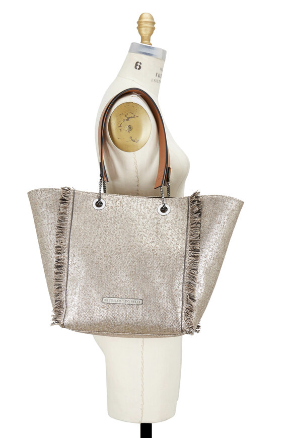 Brunello Cucinelli Platinum Metallic Woven & Leather Reversible Tote - view 12