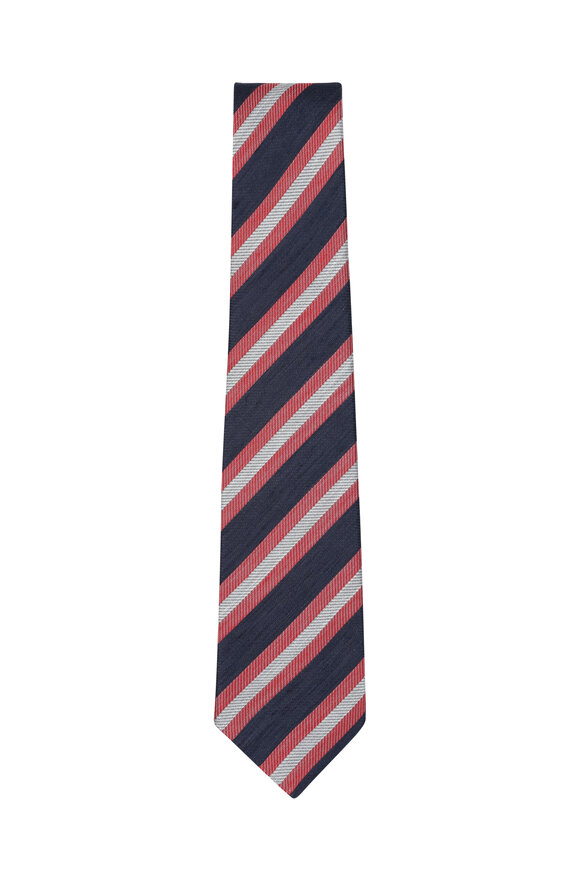 Kiton - Navy Blue & Red Striped Silk & Linen Necktie 