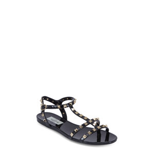 【関税&送料込】Valentino Garavani Black Eco Fur Sandals $550 Valentino Garavani Women Black Rockstud T-Strap Flat