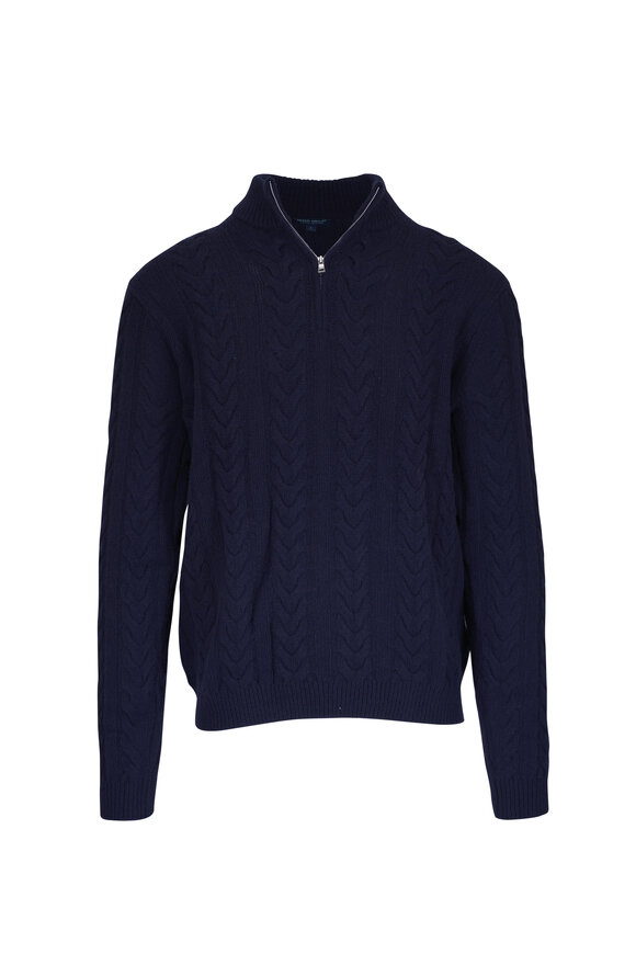 Peter Millar Crown Crafted Navy Cable Knit Quarter Zip Pullover - view 1