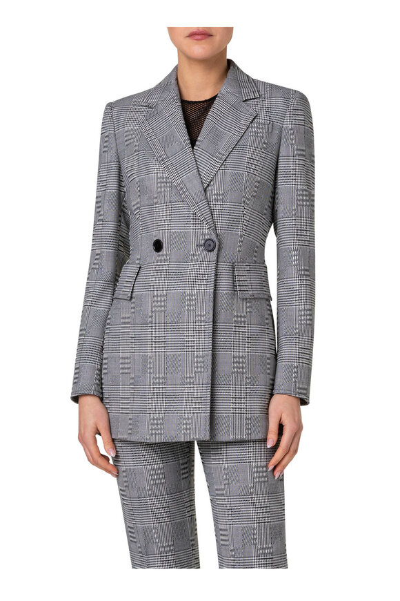 Akris Punto - Black & Cream Plaid Long Wool Blazer 