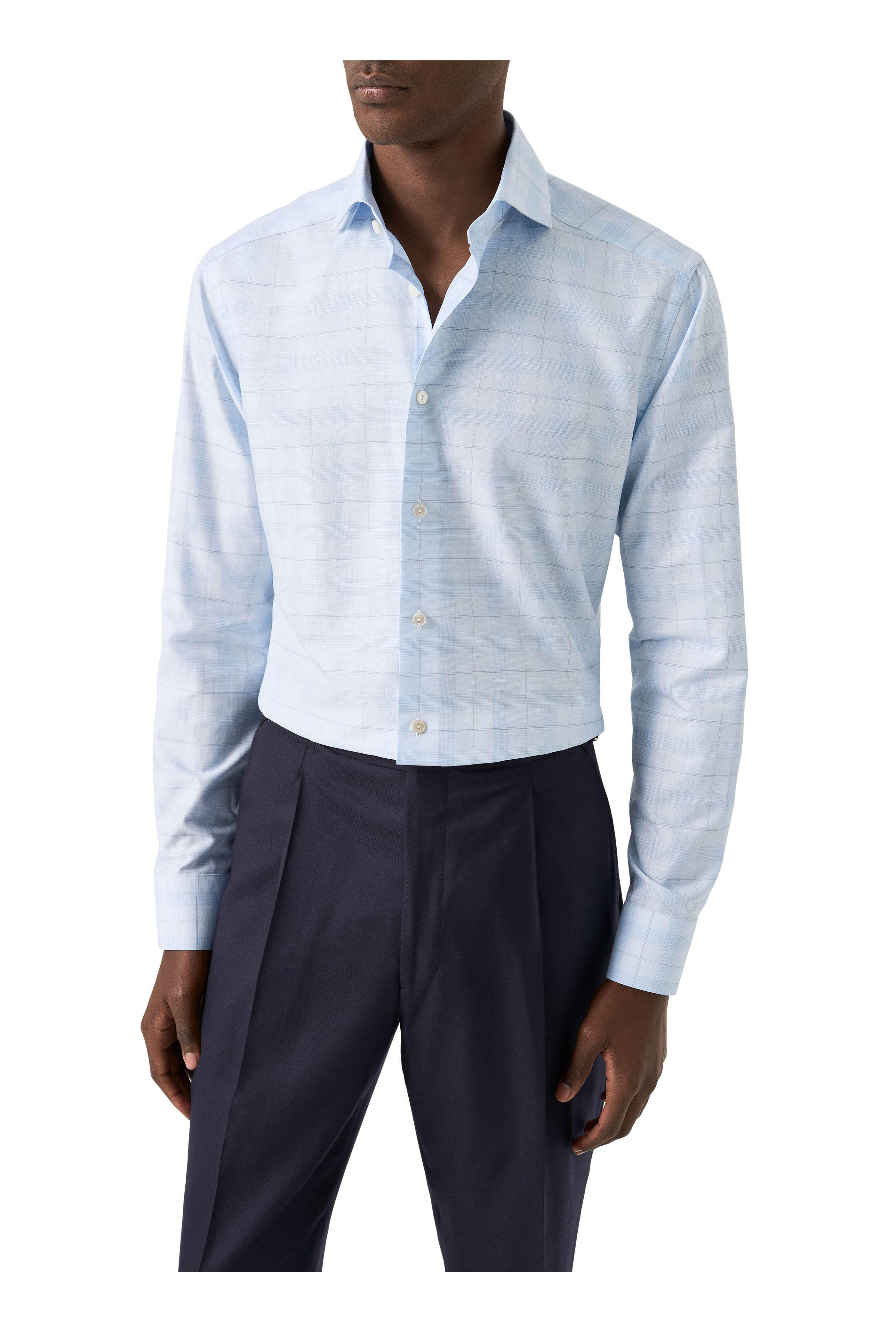 Eton - Light Blue Plaid Cotton & Linen Dress Shirt - view 2
