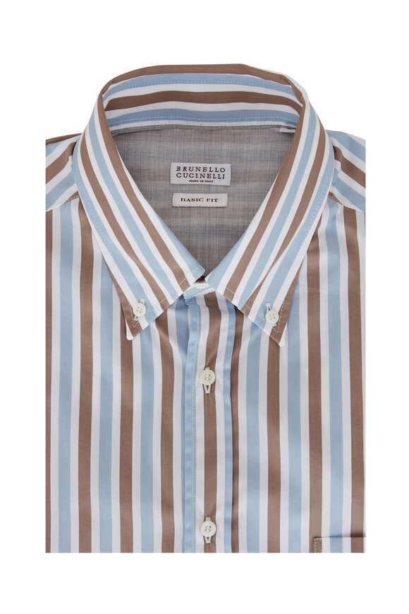 Brunello Cucinelli - Blue & Brown Stripe Basic Fit Sport Shirt