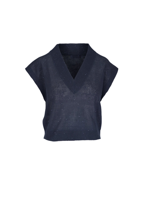 Brunello Cucinelli Navy Paillette Linen & Cotton V-Neck Sweater