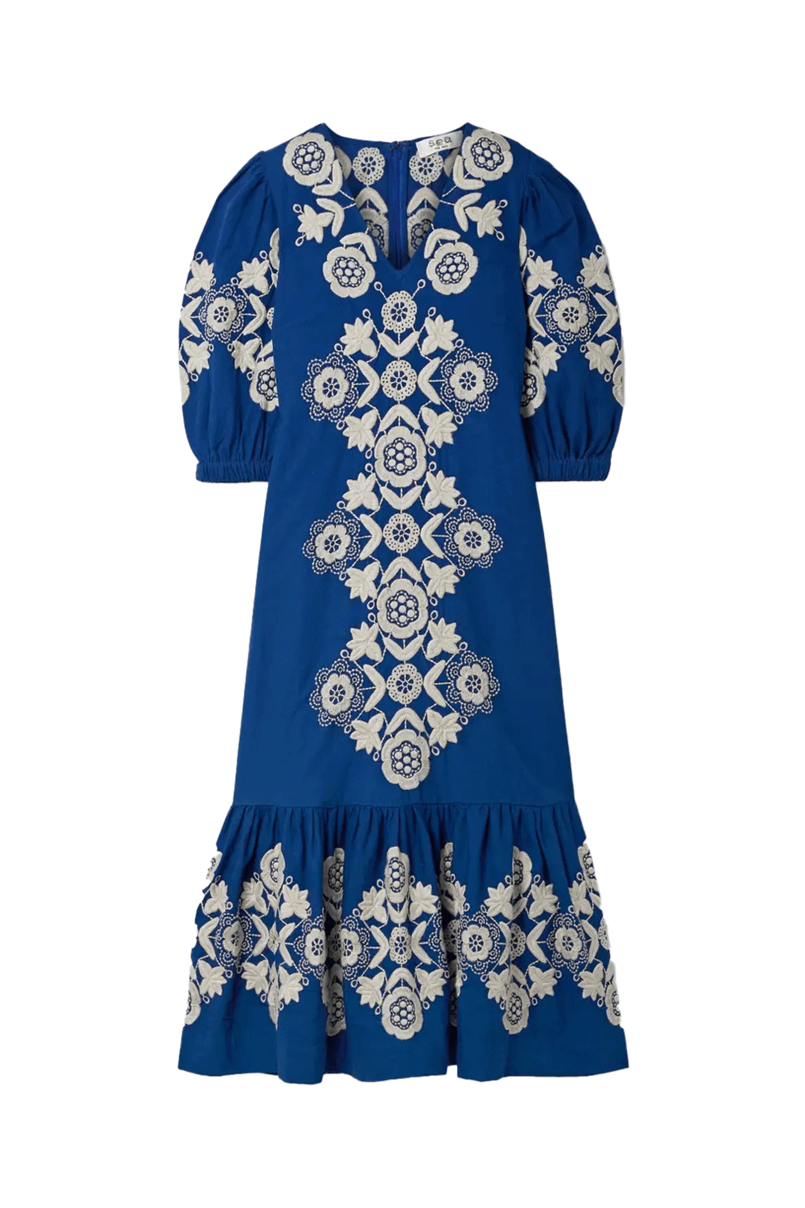 Sea NYC - Blue Manuela Embroidered Puff Sleeve V-Neck Dress