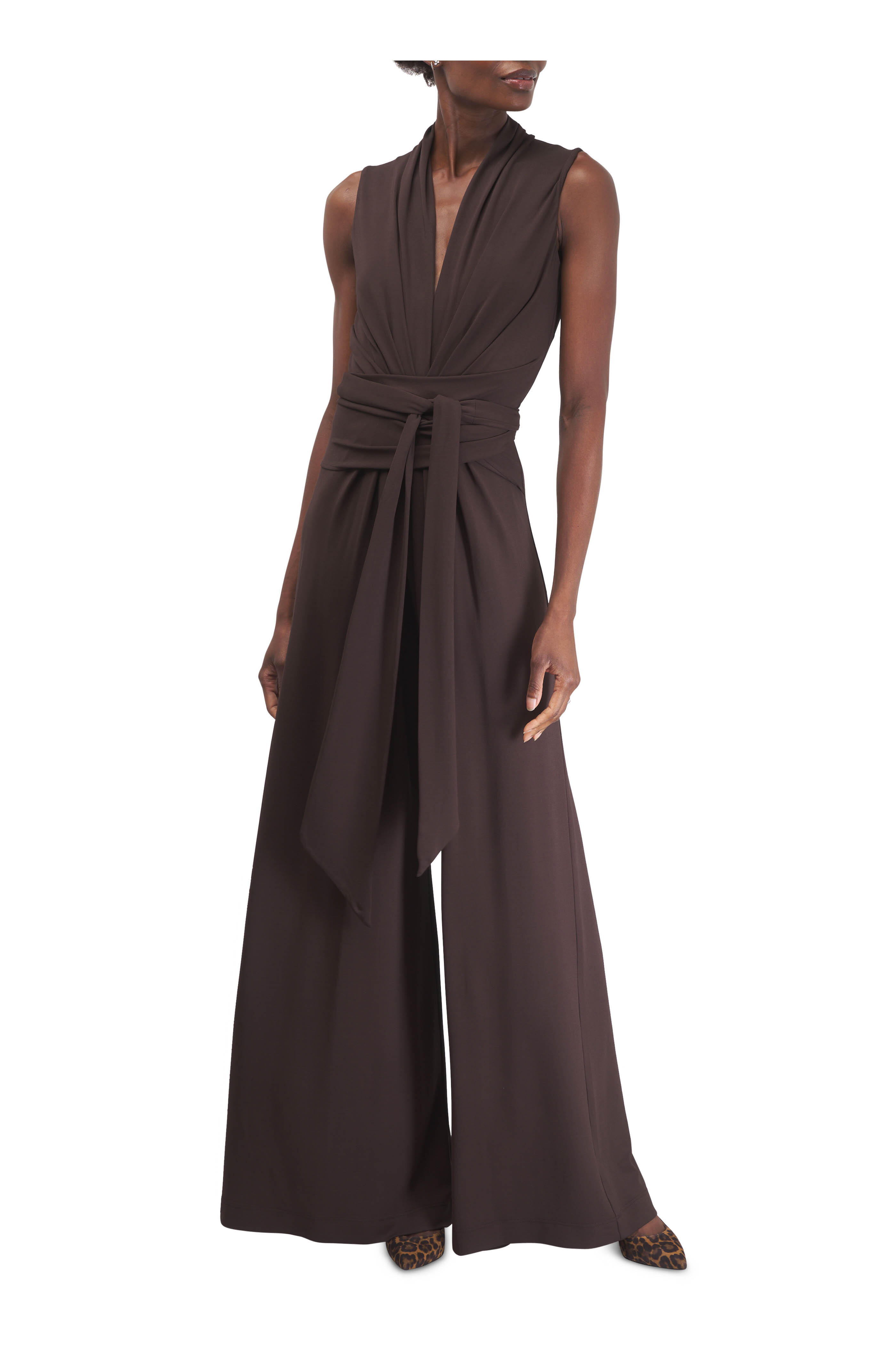 Michael Kors Collection - Tie Waist Chocolate Jersey Palazzo Jumpsuit