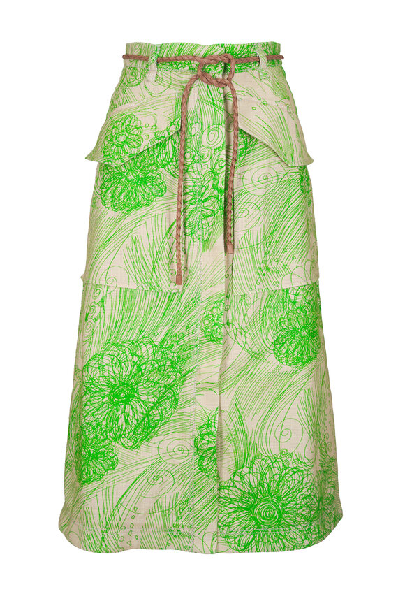Odeeh Grass Green Scribbled Canvas Midi Skirt - view 1