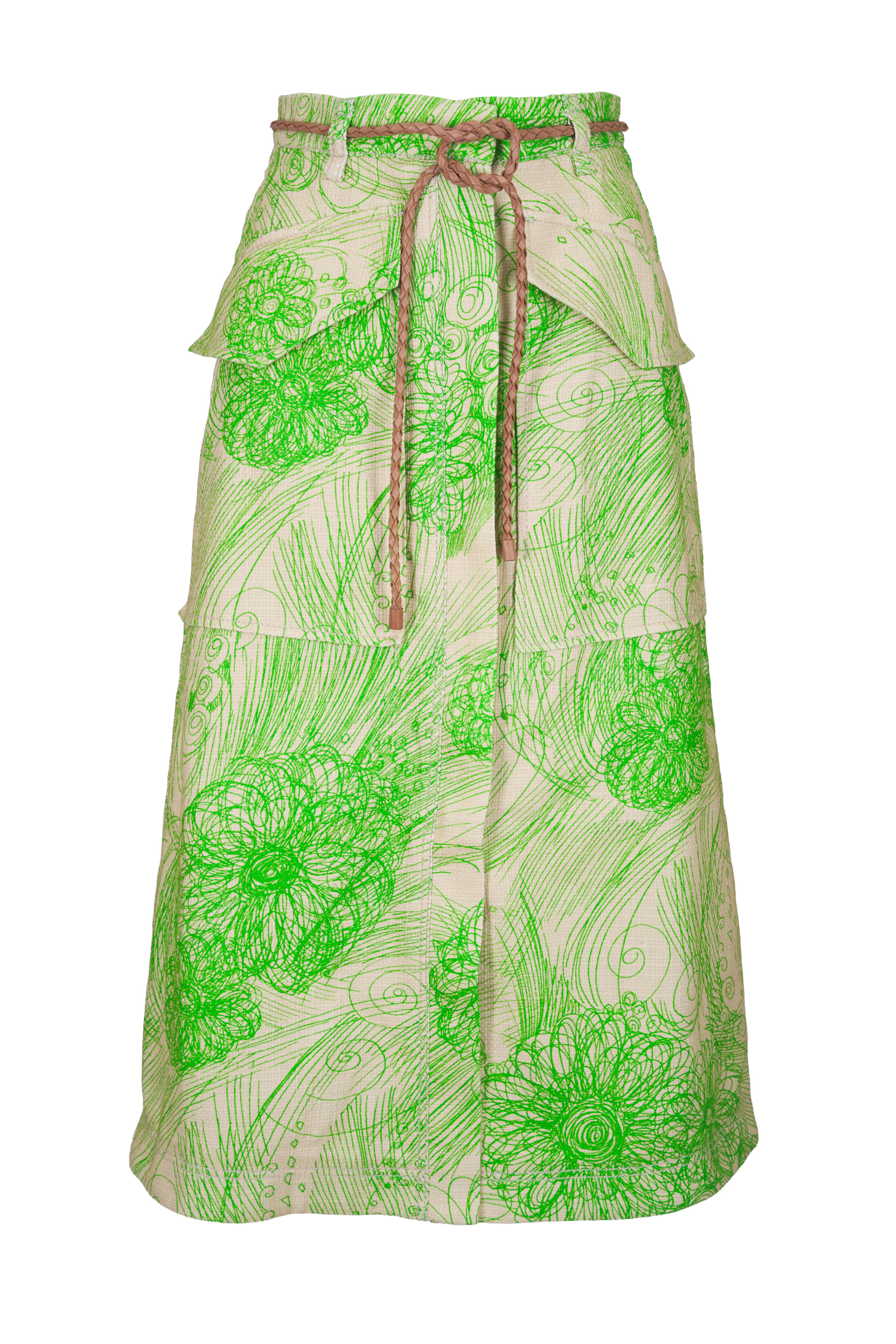 Odeeh - Grass Green Scribbled Canvas Midi Skirt - view 1