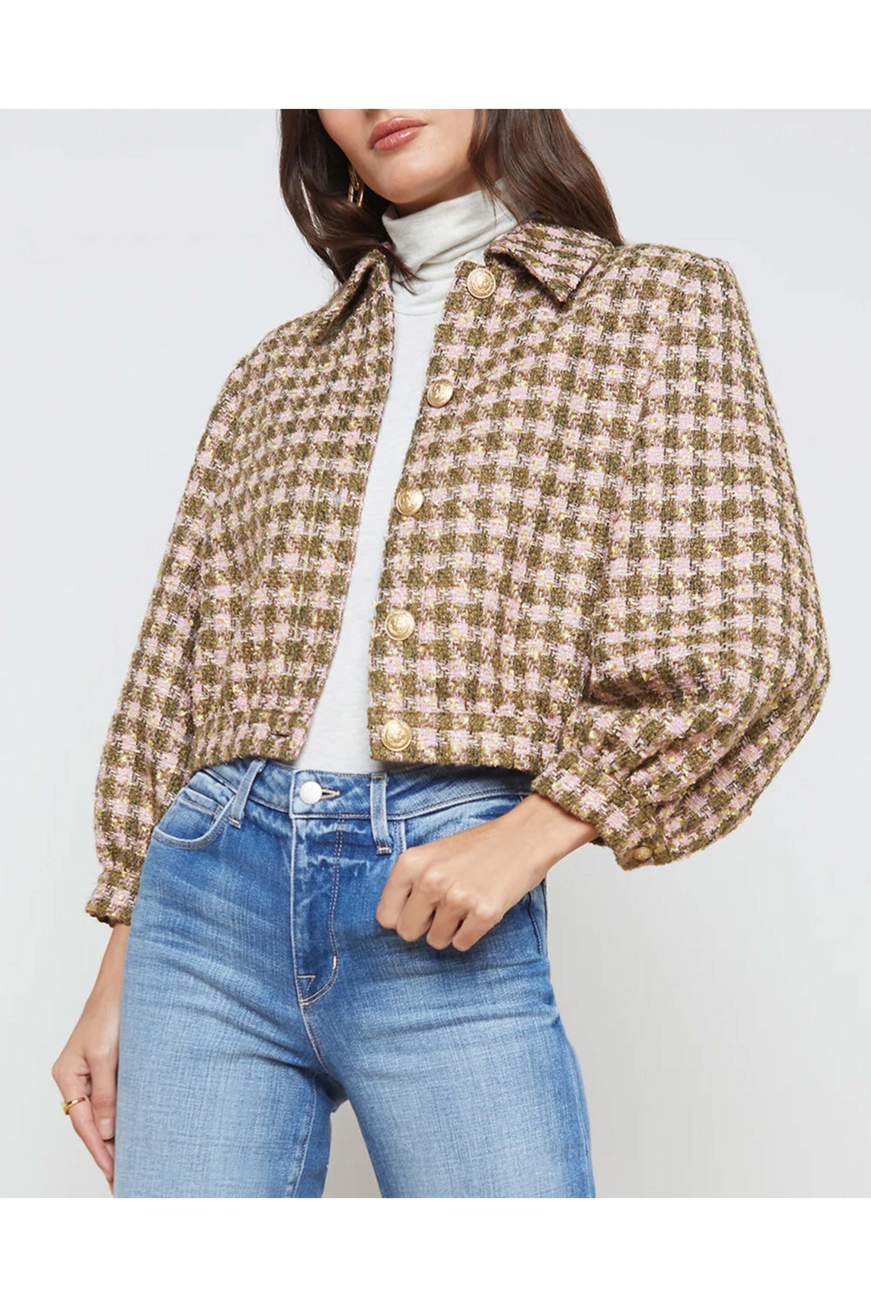 L'Agence - Army and Light Pink Check Bridges Crop Jacket