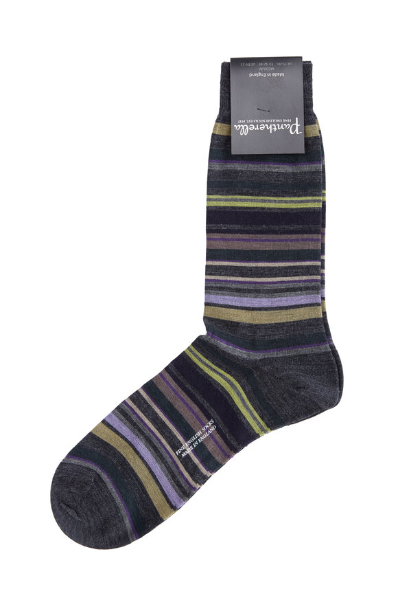 Pantherella  Charcoal Gray Multi-Striped Wool Blend Socks