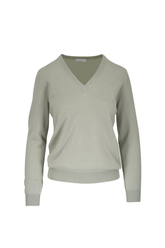 Brunello Cucinelli Pistachio Cashmere V-Neck Sweater