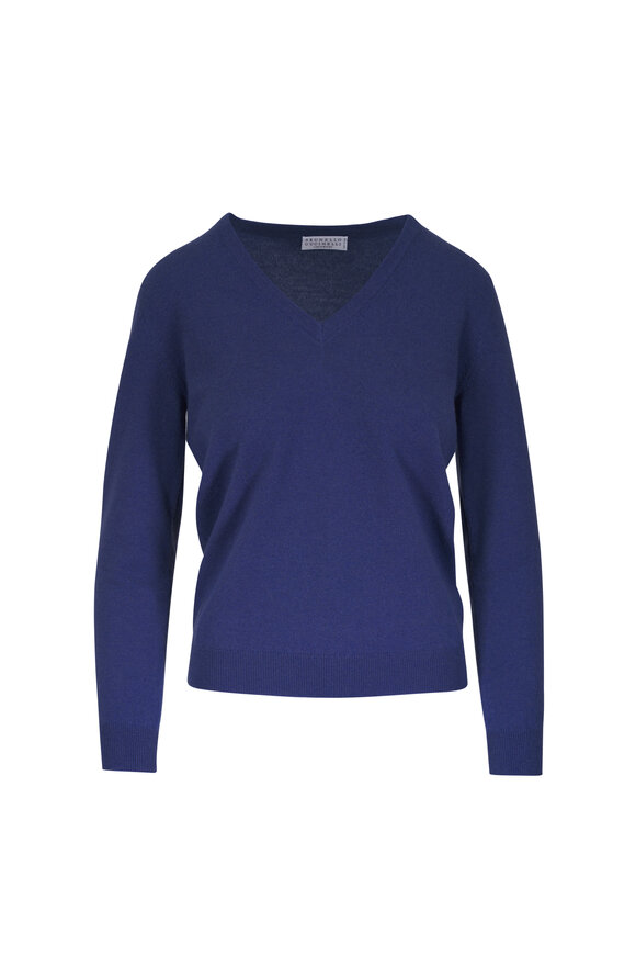 Brunello Cucinelli Blue Cashmere V-Neck Sweater