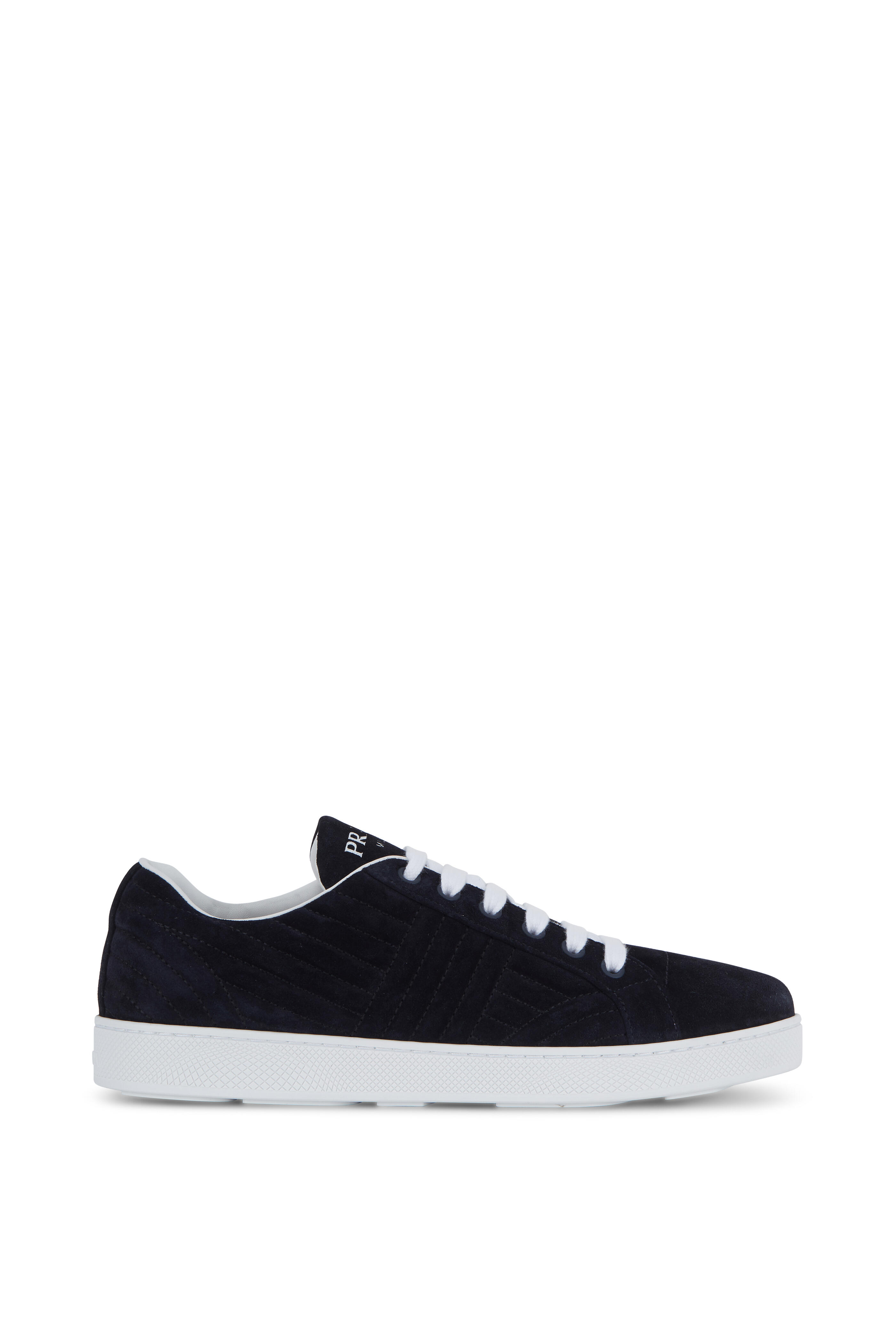 Prada - Navy Blue Suede Quilted Lace-Up Sneaker