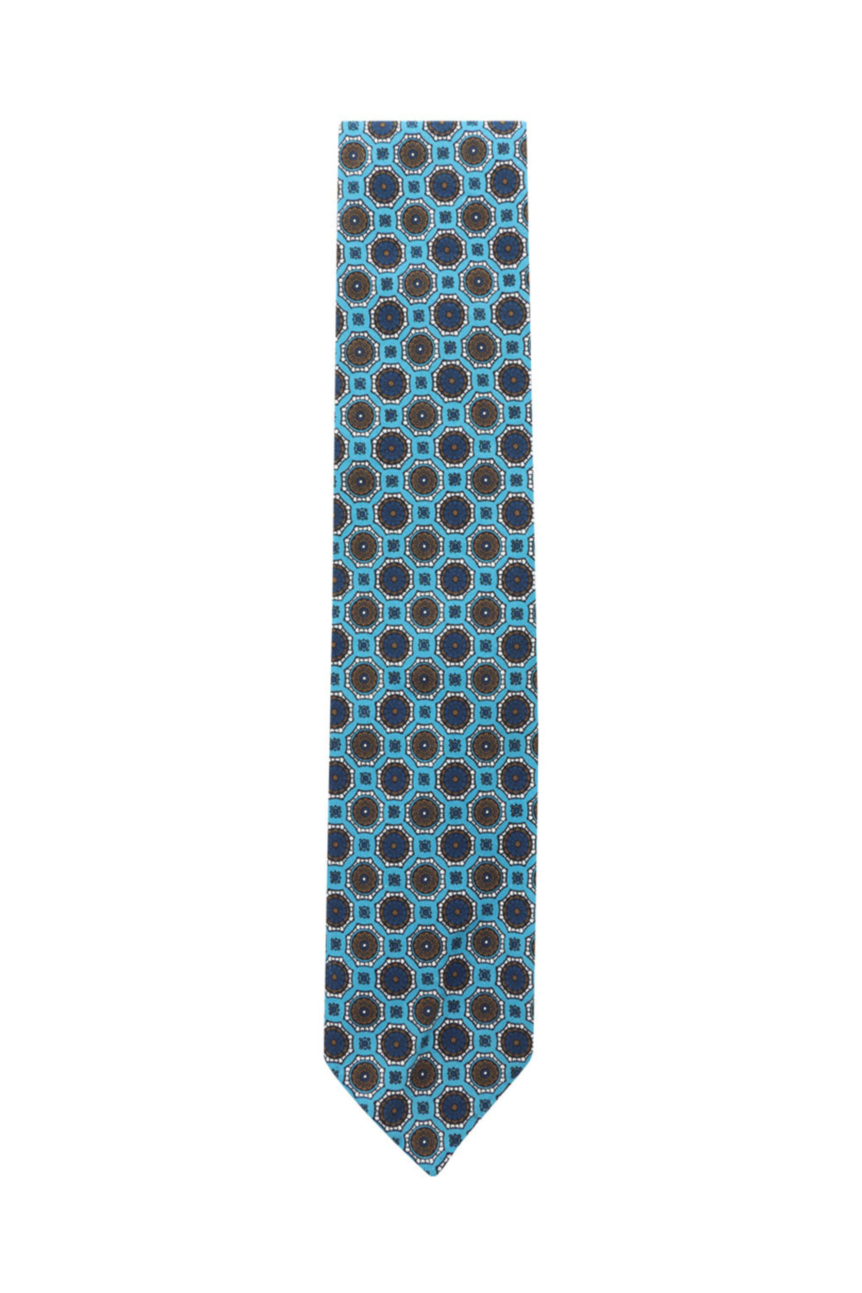 Cesare Attolini - Brown and Aqua Octagonal Medallion Linen Blend Tie