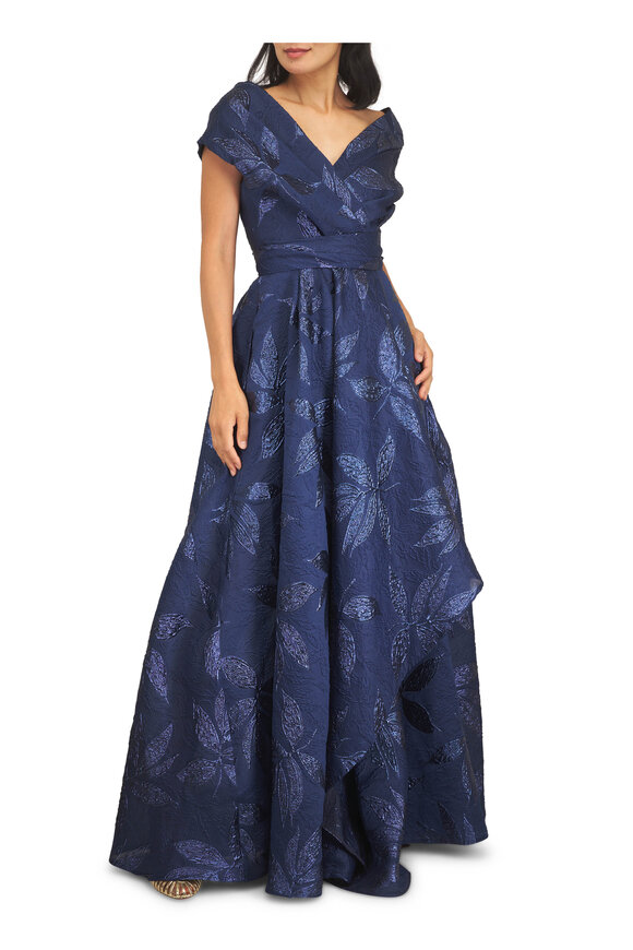 Talbot Runhof Navy Blue Peony Jacquard Print Evening Gown - view 2
