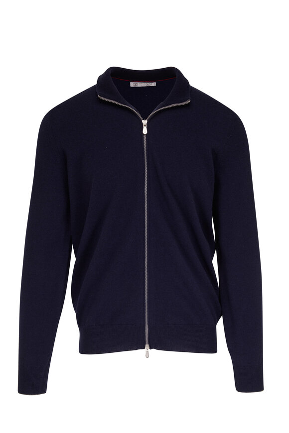 Brunello Cucinelli Navy Blue Cashmere Zip Cardigan 