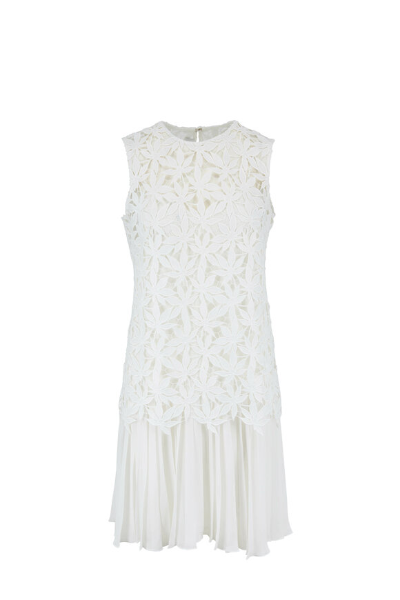 Oscar de la Renta - White Lace & Pleated Flapper Sleeveless Dress