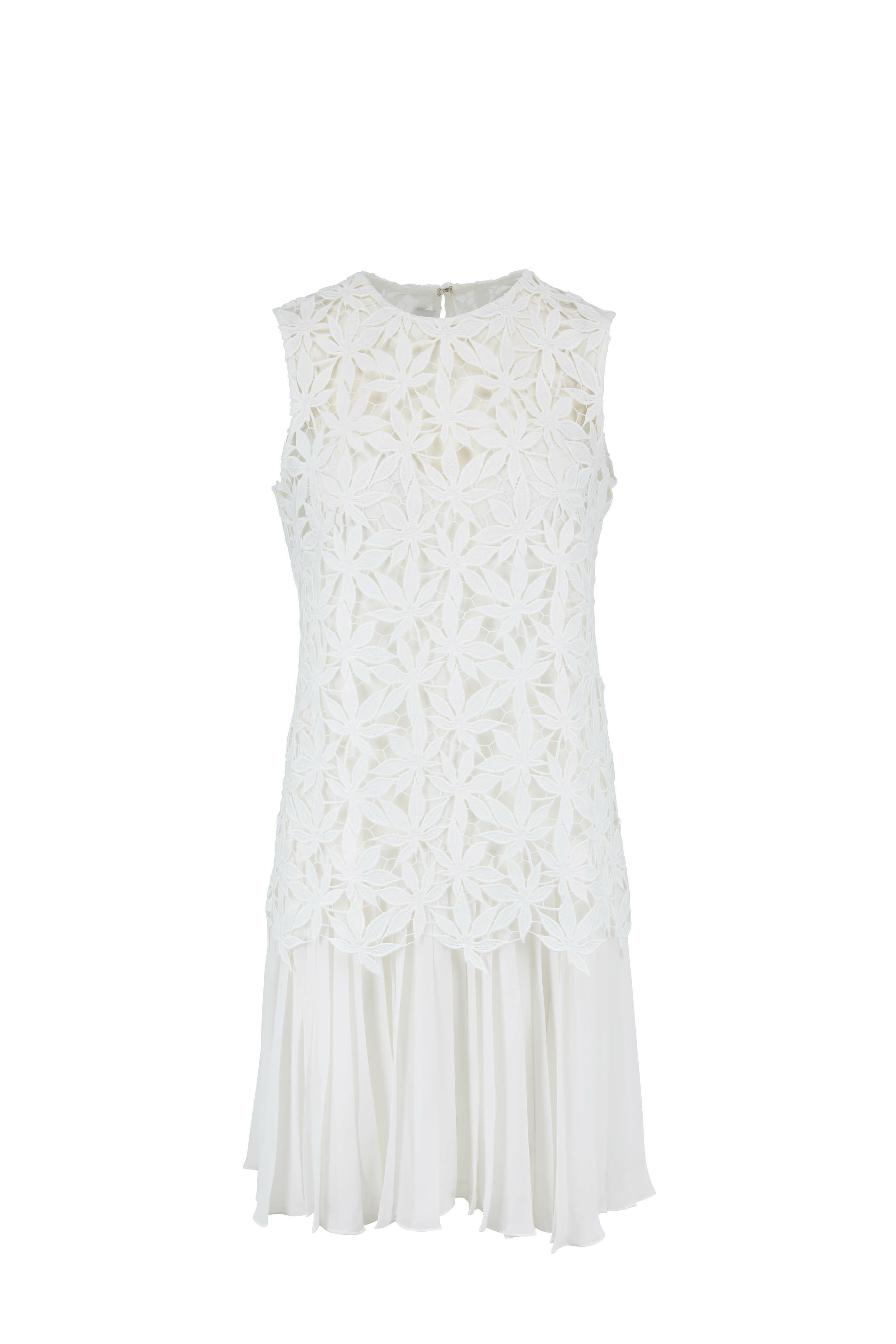 Oscar de la Renta - White Lace & Pleated Flapper Sleeveless Dress