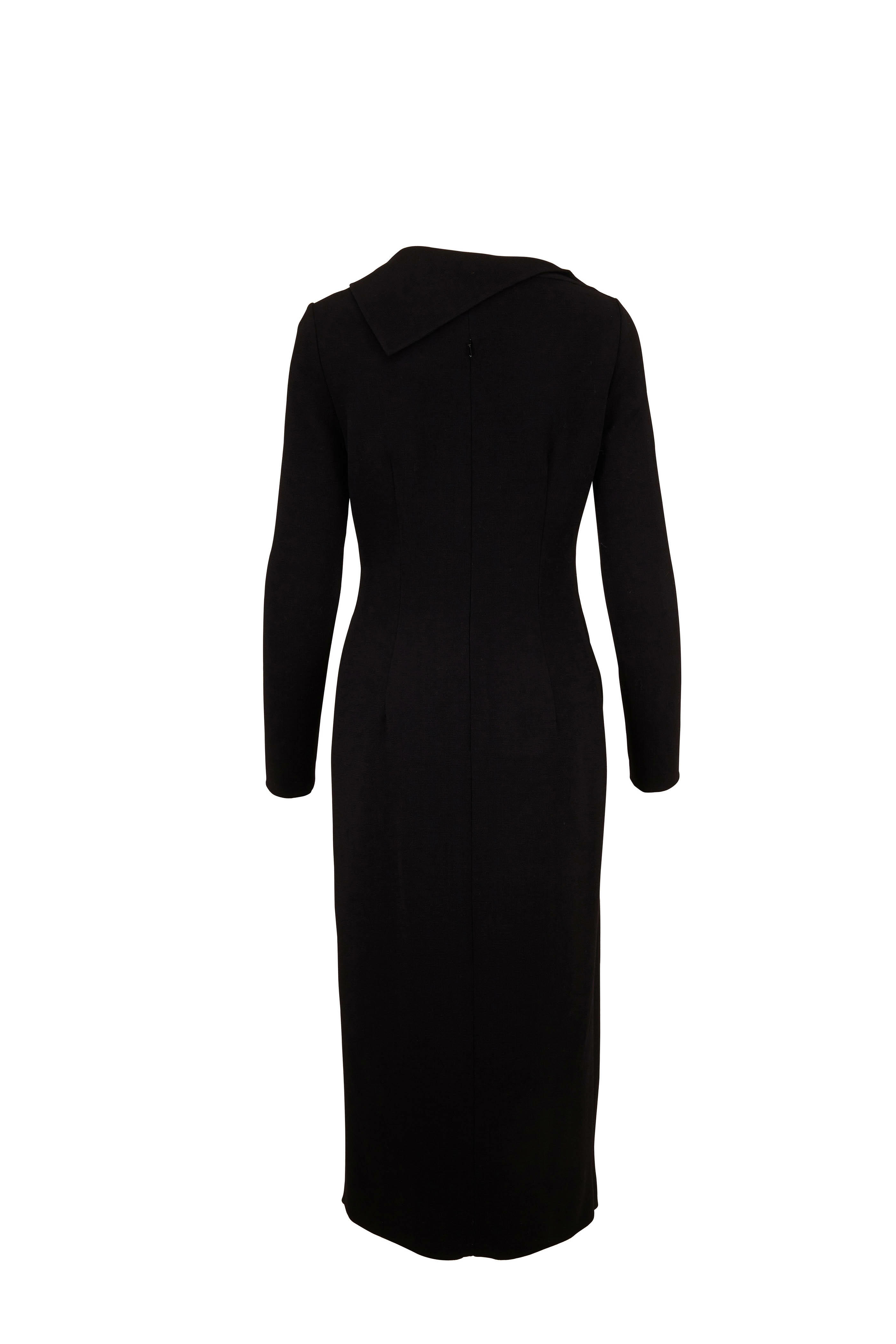 Oscar de la Renta - Black Stretch Wool Long Sleeve Midi Dress
