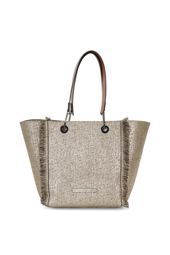 Brunello Cucinelli Platinum Metallic Woven & Leather Reversible Tote - view 1