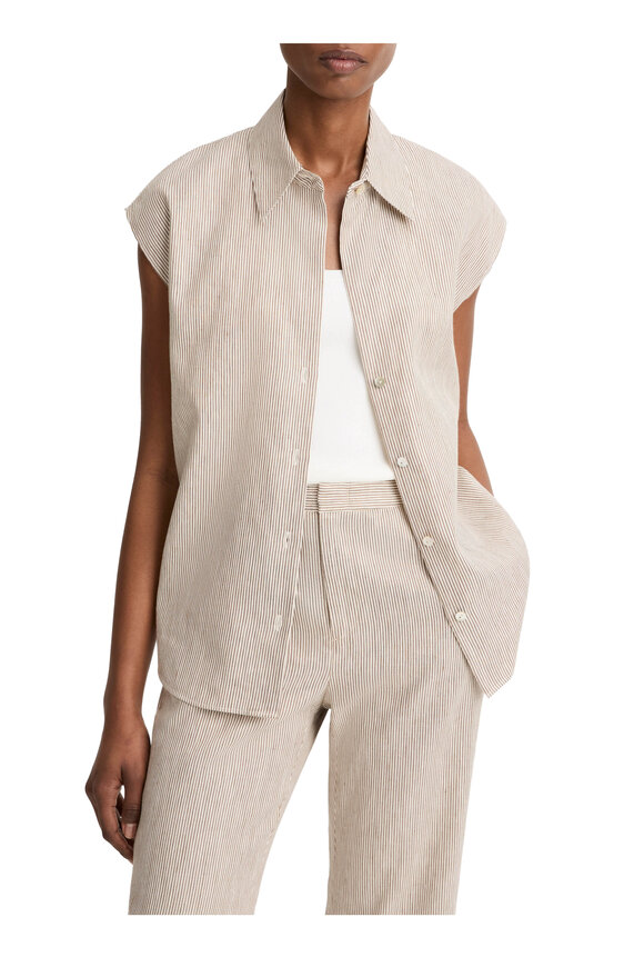 Vince Taupe Wood Ticking Stripe Blouse - view 5