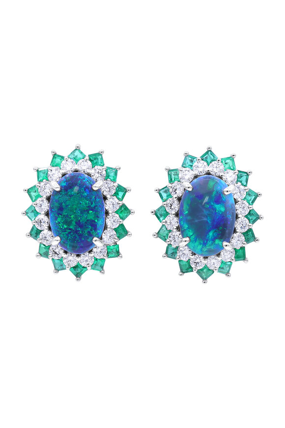 Oscar Heyman Platinum Black Opal Emerald & Diamond Earrings 