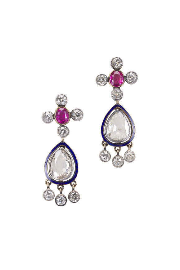 Vintage Collection 18k Yellow Gold Ruby & Diamond Earrings