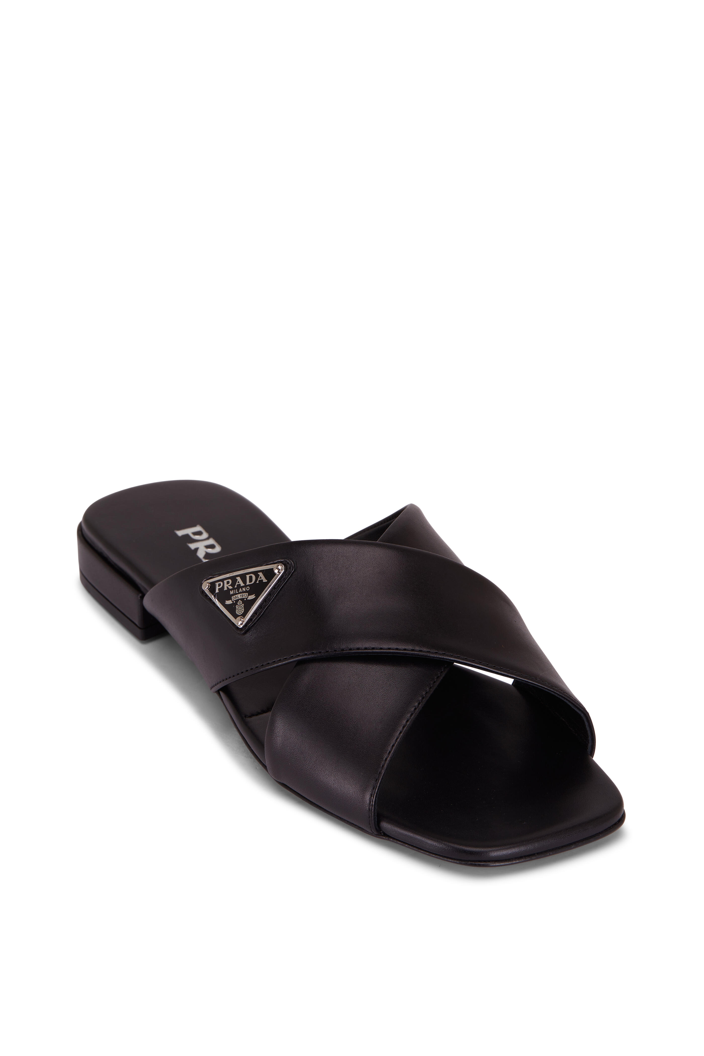Prada - Black Leather Criss Cross Flat Sandal | Mitchell Stores