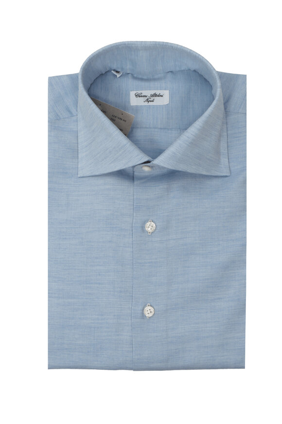 Cesare Attolini - White, Royal Blue & Brown Stripe Dress Shirt