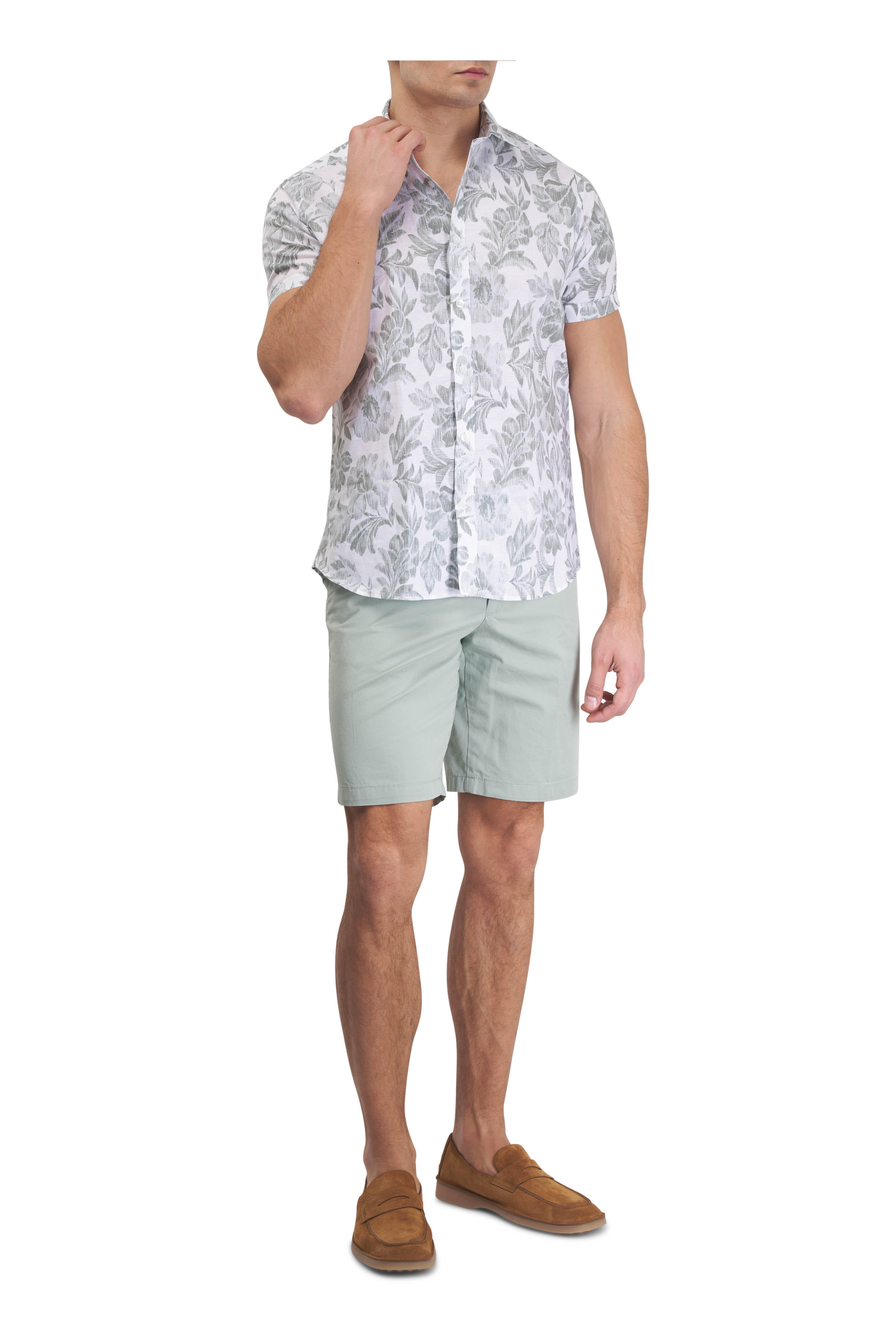 Patrick Assaraf - Green Floral Print Short Sleeve Button Down