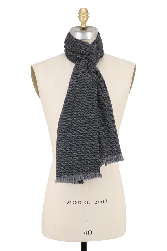 Hickey Freeman Gray, Black & Navy Herringbone Cashmere Scarf - view 1