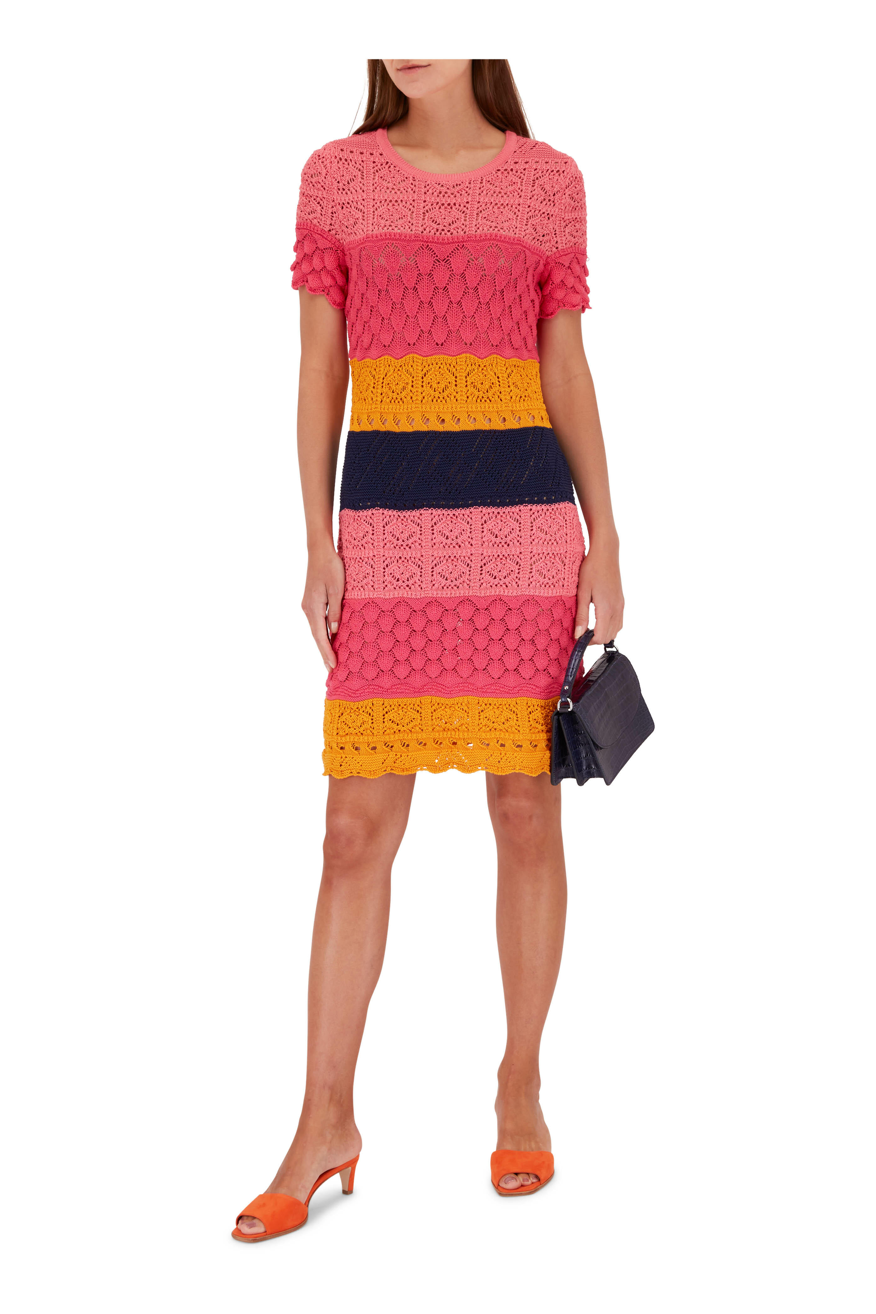 Carolina Herrera - Multi Colorblock Crochet Knit Short Sleeve Dress Carolina Herrera - Multi Colorblock Crochet Knit Short Sleeve Dress