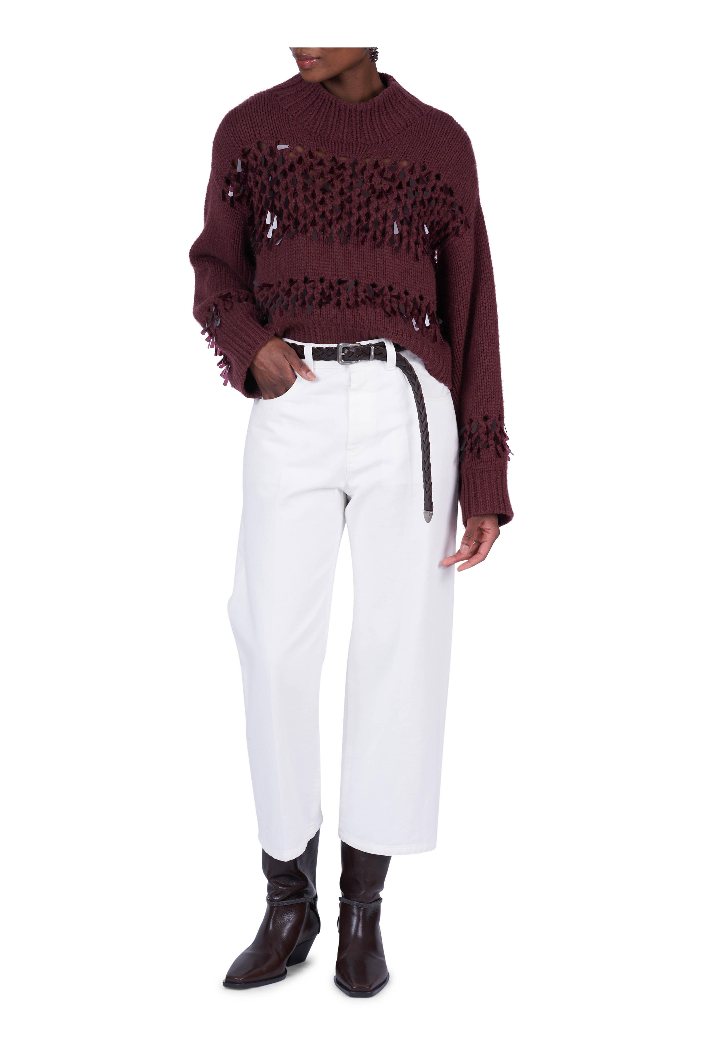 Brunello Cucinelli - Burgundy Cashmere Drop Paillette Knit Sweater