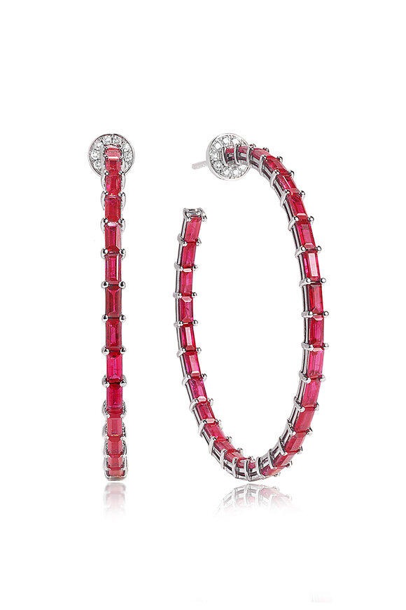Nam Cho 18k White Gold Ruby Diamond Baguette Hoop Earring - view 1