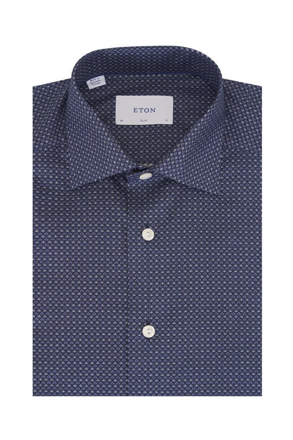Eton Dark Blue Geometric Cotton Slim Fit Dress Shirt