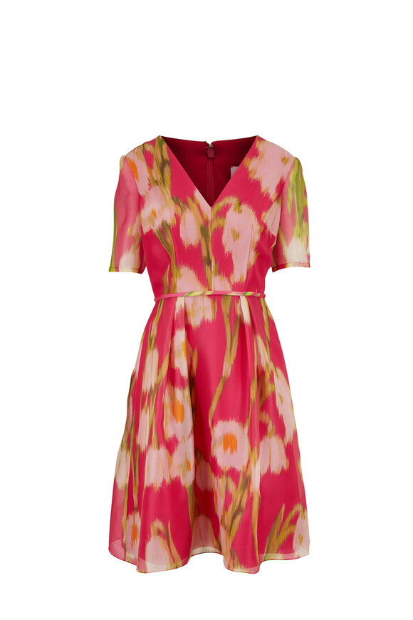 Carolina Herrera - Pink Floral Silk Elbow Sleeve V-Neck Dress