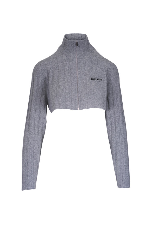 Miu Miu Gray Cropped Wool & Cashmere Knit Cardigan