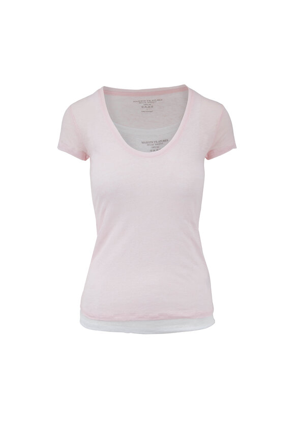 Majestic - Light Pink Linen Scoopneck Double-Layer T-Shirt