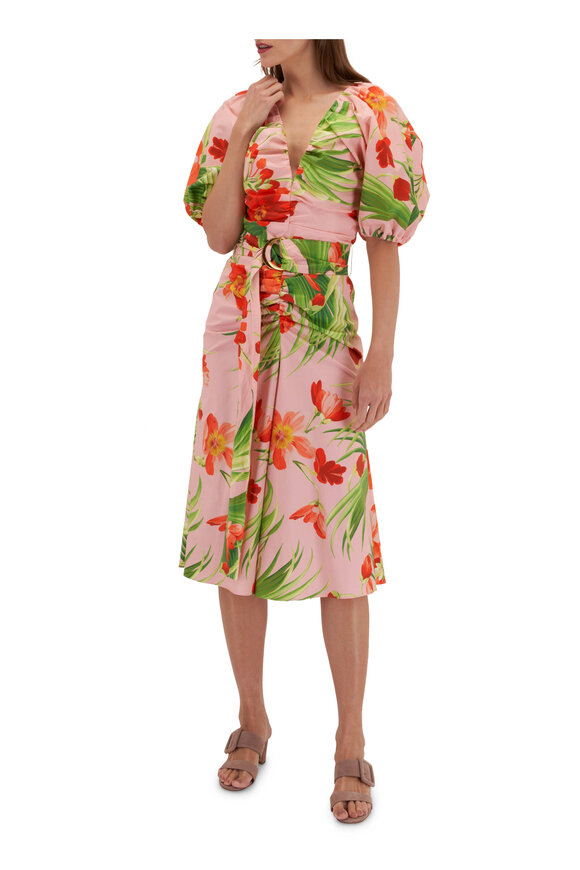 Carolina Herrera - Pink Floral V-Neck Belted Midi Dress